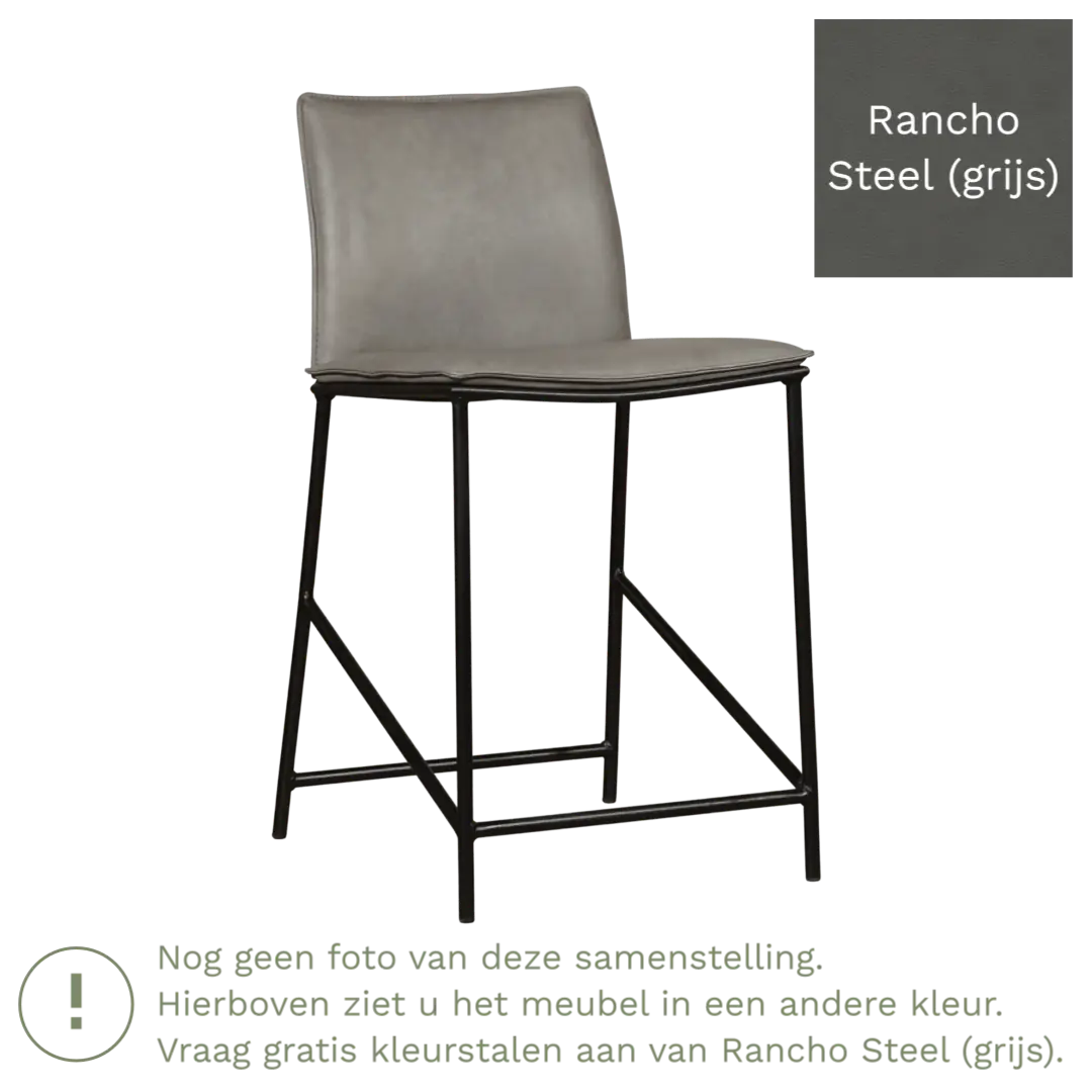 afbeelding van Leren barkruk laag Favor - Rancho Steel (grijs) - poten staal rond zwart